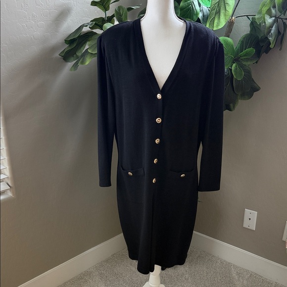 St. John Black Long Sleeve Long Sweater or Dress with Gold Buttons